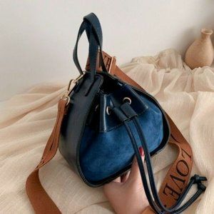 Mini Bucket Crossbody Bohemian Vibes LOVE Bag Blue Brown Drawstring Adjustable